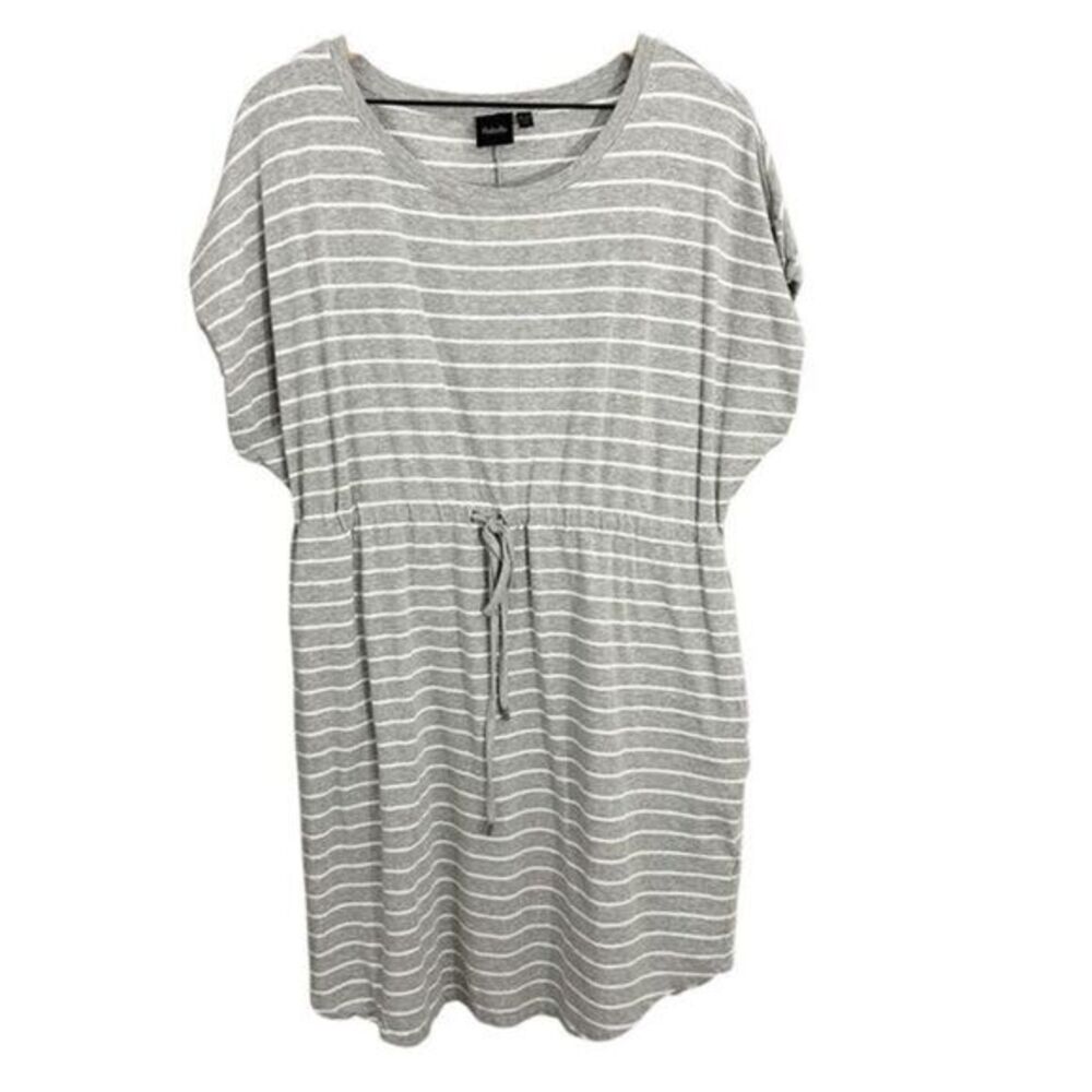 Rafaella Short Sleeve Drawstring Striped Above Knee Dress Heather Grey White XXL - Picture 2 of 7